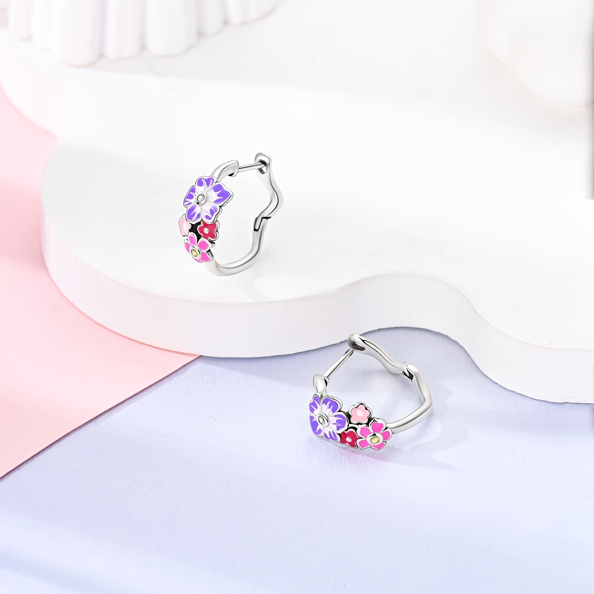 Silver Plated Pink Purple Iris Flower Hoop Earrings, Unisex